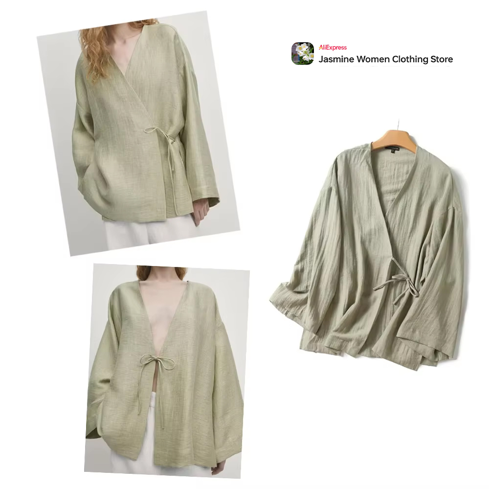 Kimono Cardigan Women - Удобная оливковая блузка с завязками, длинными