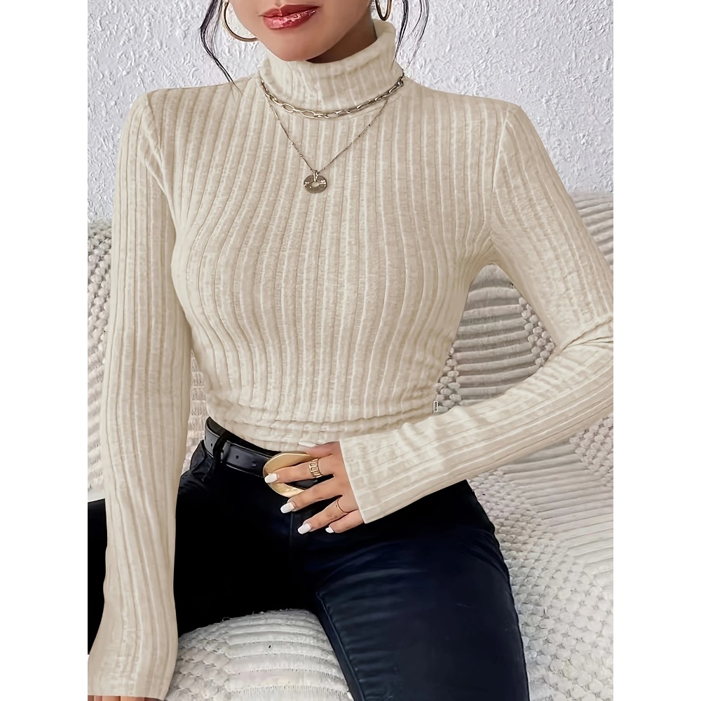 Ribbed Knit Sweater - Женский облегающий вязаный свитер с воротником